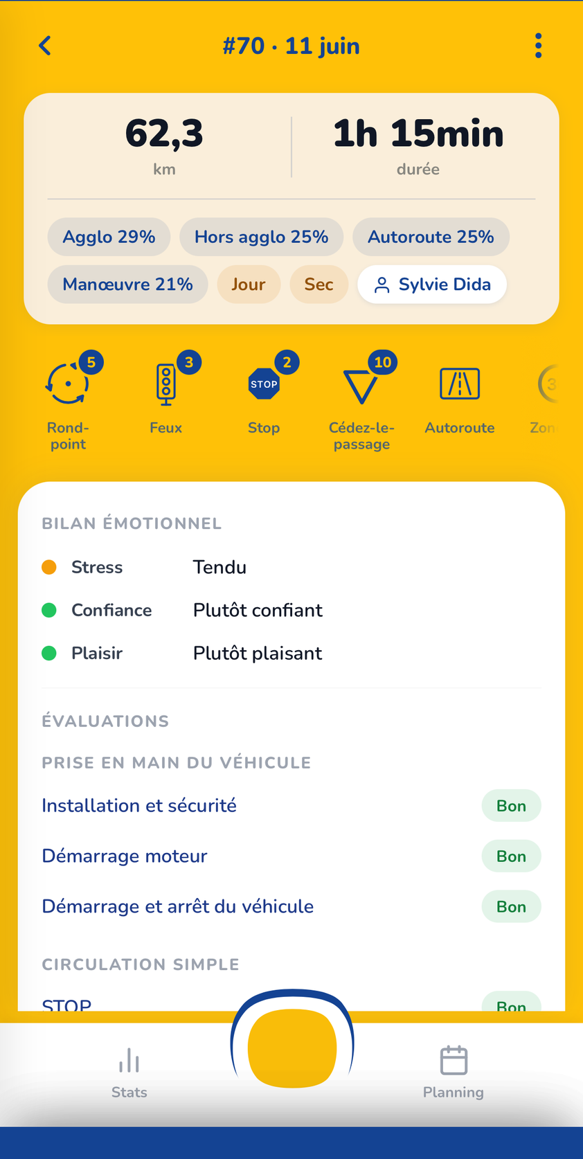 Écran : détail d'une session avec infrastructures GPS et bilan émotionnel