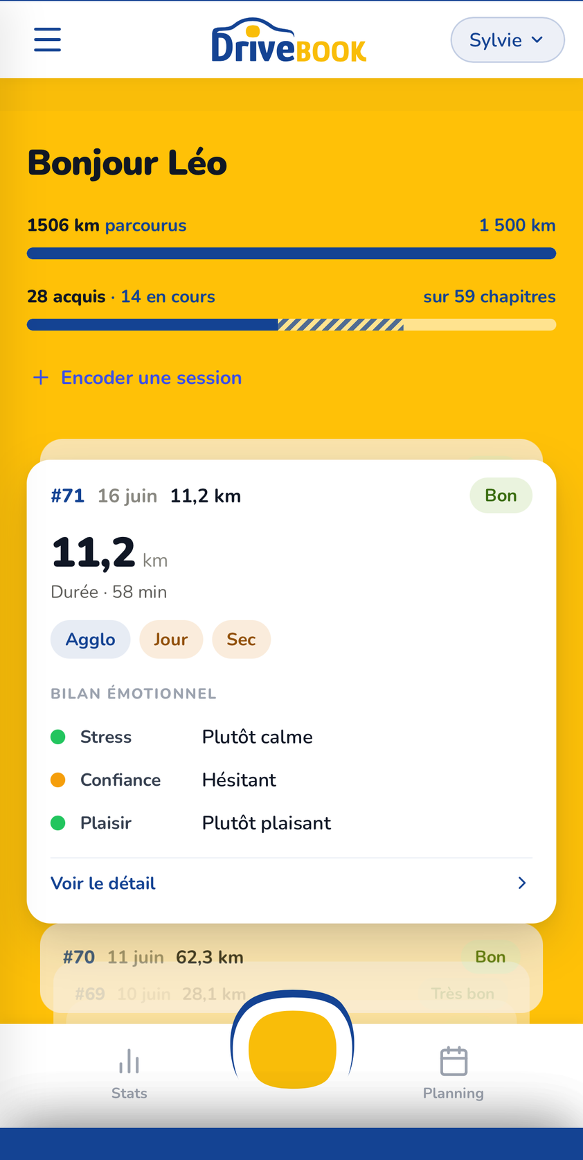 Écran : accueil apprenant avec kilomètres parcourus et progression